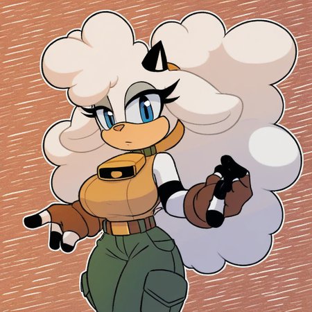 Lanolin, sheep, white fur, blue eyes, yellow shirt, sleeveless shirt, green pants, brown gloves, big breasts, cowbell collar