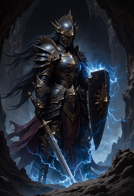detailed renaissance oil painting, masterpiece, FredFraiStyle, an oriental female knight in black Armor with gold embellishments, full-face helmet, long flowing hair, holding a sword (glowing blue, with blue electrical energy flowing through it) and shield an a battle-ready stance, dynamic pose, in a dark, damp cave, directional lighting, masterpiece, mythp0rt, perfect composition, perfect hands, cowboy shot