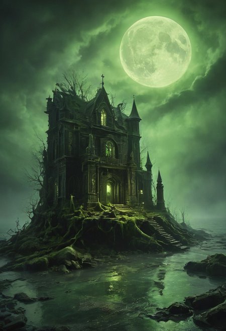 Eldritch laboratory, ancient books, arcane symbols, bubbling potions, dark wood and brass instruments, eerie green light, detailed textures, high detail, high resolution, (dark fantasy, eerie:1.3), (haunting, atmospheric:1.2), (nightmarish:1.4), masterpiece quality <lora:Desolation:0.5>, <lora:The_Horror_Style:0.5>, highly detailed and hyper realistic photo, by Alena Aenami , by Archibald Thorburn , by Daniele Afferni ,  in the style of  monochromatic silhouette reflection,  limited dark palette, unusual dark colors, faded colors, atmospheric haze, highly dramatic cinematic lighting, motion blur, film grain,  professional, excellent composition, finest details, maximized details, ultimate detail level, masterpiece, best quality