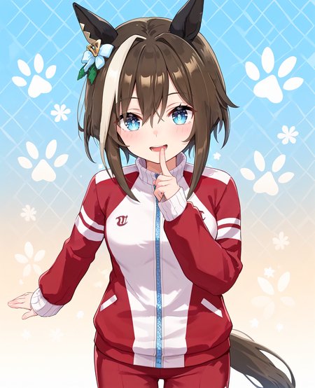 score_9, score_8_up, score_7_up, 1girl, (looking at viewer:1.2), (open mouth:1.0), smile,, blush, patterned background,, 
(finger to mouth:1.2),, (,:1.2), 
<lora:pony_cheval_grand_v1.06:0.8>, horse ears, horse tail, black ear covers, cheval grand \(umamusume\), , medium small breasts, , short hair, 
<lora:_sdxl-um-tracenjersey-pony:0.6>, red jacket, track jacket, sleeves past wrists, tracenjerseypants, red long pants,,,