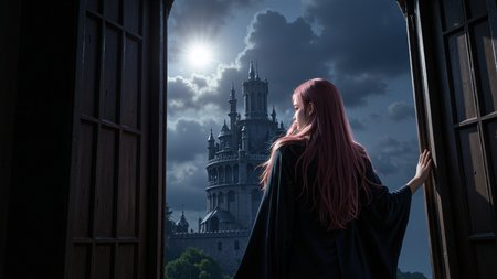dark gothic style,close-up shot from outside the window,focusing on a long pink wavy haired woman wearing a dark,ornate gothic robe,opening the heavy wooden window,the moonlight illuminating her pale skin and dark hair,dark storm clouds swirling in the sky,a towering gothic castle looming behind her,faint light flickering from inside,heavy shadows cast on her figure.,<lora:yuukananri-base-02-flux:0.8>,yuukananri,she has a slender physique and a petite build,<lora:klordoftherings-01:0.6>,klordoftherings,