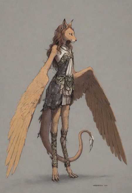 [creature name: Palagiri]
1 person, harpy, ((no arms, wings only)):1.6, androgynous, flat chest, no breasts, anthro, ((long hair)), ((long toes, nimble toes, handfeet)):1.4,, dynamic pose, detailed face, fully clothed, pelvic curtain skirt, feline features, feline nose, feline ears, ((thick tail, tapering tail, feather tipped tail)), harpy:1.2, large wings, digitigrade legs, rating: safe