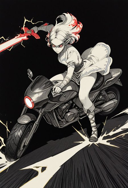 Monochrome with color spots, Evil Face Closeup, masterpiece, best quality, good quality, very awa, newest, highres, absurdres, solo, breath of the wild style, simple background, White round eyes, Female Link from Zelda, Action Scene, akira_slide, ground vehicle, motorcycle, on motorcycle, road, city, electricity, speed lines,, swinging sss sword, sword slash, blue/White Dress, traditional media, blue and black background, no-gravity, billowing Hair, Neon vintage \(theme\), limited palette, sketch, glowing, psychedelic, JeddtlIL, spot color, hatching (texture),