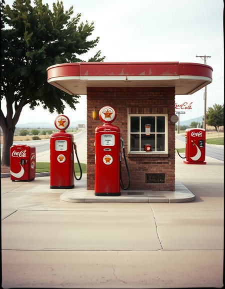 A realistic vintage photograph of a 1950s American gas station with no people present. The small brick building has a flat roof with a wide canopy extending over two classic red gas pumps from the 1950s, featuring chrome details, round meters, spiral hoses, and retro branding like "Texaco" or "Shell".The ground is old concrete with cracks and oil stains. Beside the station, there's a vintage Coca-Cola vending machine and a hand-painted wall sign that reads âDrive Safely!â. The sky is lightly overcast, casting soft shadows and a nostalgic mood. In the background, leafy trees, distant low hills, and an empty country road stretch into the distance. The photo has a slightly faded, desaturated color palette with warm vintage tones and a subtle grain, mimicking the look of 1950s Kodak film photography. The overall atmosphere is calm, quiet, and deeply nostalgic.
<lora:SDXLFaeTastic2400:0.4> <lora:extremely_detailed:0.4> extremely detailed, <lora:1950s_American_gas_st4t10n:1>,1950s American gas st4t10n, Masterpiece,best quality,hi res,8k,hi res,8k,award winning,(sharp focus, intricate, highly detailed),