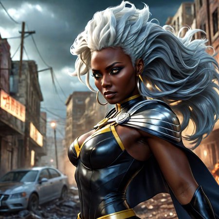 UltUltra detailed digital art masterpiece, Hyperdetailed, hyperrealism, extremely high resolution of Beautiful black Superheroine Ororo Munroe as Storm, Greg Rutkowski style, stands in a bloody, sinister battle in the streets of a ruined city, Realistic brown eyes, wavy grey hair, Intricately designed cool X-Men Superheroine combat costume with X logo, Marvel, X-Men, 8K, deep color, Cinematic Lighting, intricate smooth, sharp focus digital painting, Artgerm, WLOP, Greg Rutkowski, Beautiful 21 years old Ororo Munroe as Storm, Intricately Designed handsome black face, Marvel comics, Realistic combat dirty clothing, perfect whole athletic body, defiant and seductive, Photograph Taken on Nikon D750, Intricate Elegant, Digital Illustration, Scenic, Unreal Engine, CryEngine, Octane Render, 8k, Designed combat clothes, Attractive, Attractive black woman, dramatic lighting, wet and sweaty skin, beautiful firm Breasts, Daylight, Concept art by Greg Rutkowski, adding to the intense and dynamic atmosphere of the scene
