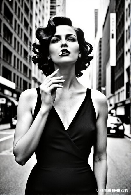 A realistic black and white portrait of a beautiful woman with dark, curly hair, standing in a bustling city street with tall buildings on either side, looking up and slightly to the right, holding a cigarette in her hand, wearing a dark v-neck dress, captured with a shallow depth of field, creating a dreamy and nostalgic atmosphere, reminiscent of classic fashion photography, the lighting is soft and diffused, emphasizing the woman's features and creating a sense of timeless elegance, shot with a medium format camera and a fast lens, such as an 85mm at f/2.8, to achieve a smooth bokeh effect in the background, the buildings are slightly blurred, adding to the overall sense of depth and focus on the subject, the composition is carefully balanced, with the woman positioned slightly off-center to create visual interest, the overall tone is sophisticated and glamorous, evoking a sense of old Hollywood charm, a sense of nostalgia and timeless beauty., <lora:_Flux\_Photographer\Helmut_Newton-000001.safetensors:0.8300000000000002:0.8300000000000002> <lora:_Flux\_Skin_Appearance\detailifier_flux-000006.safetensors:0.8300000000000002:0.8300000000000002> <lora:_Flux\_Skin_Appearance\Old_Beauty.safetensors:0.7500000000000001:0.7500000000000001>, A striking black and white portrait of a woman, reminiscent of classic Hollywood glamour, with a film strip draped across her face, creating a surreal and artistic effect. The image is captured with a shallow depth of field, emphasizing the sharpness of her features and the film strip, while gently blurring the background. The lighting is soft and diffused, highlighting the contours of her face and adding a timeless quality to the photograph. The overall style evokes the elegance of vintage photography, with a modern twist that challenges conventional portraiture. Shot with a Hasselblad camera and an 80mm lens, f/2.8, ISO 100., <lora:_Flux\_Photographer\Helmut_Newton-000001.safetensors:0.8300000000000002:0.8300000000000002> <lora:_Flux\_Skin_Appearance\detailifier_flux-000006.safetensors:0.8300000000000002:0.8300000000000002> <lora:_Flux\_Skin_Appearance\Old_Beauty.safetensors:0.7500000000000001:0.7500000000000001><lora:_Flux\_Photographer\Helmut_Newton-000001.safetensors:0.8300000000000002:0.8300000000000002> <lora:_Flux\_Skin_Appearance\detailifier_flux-000006.safetensors:0.8300000000000002:0.8300000000000002> <lora:_Flux\_Skin_Appearance\Old_Beauty.safetensors:0.7500000000000001:0.7500000000000001>