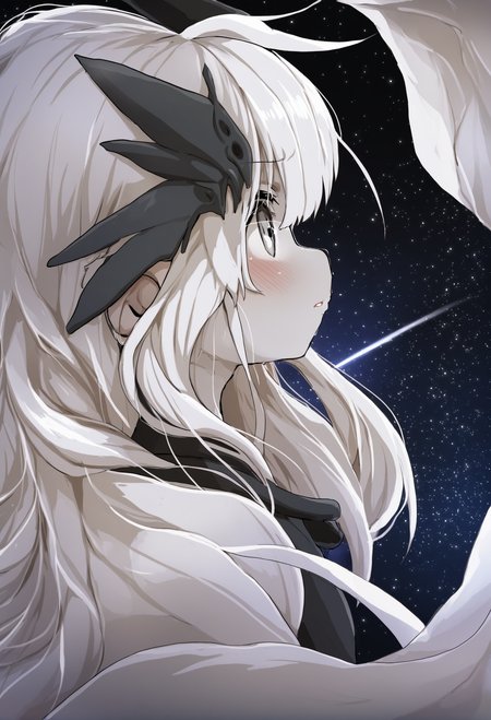 masterpiece, hyper detailed, best quality,(furry:1.3),1girl, solo, white hair, long hair, grey eyes, bangs, black background, parted lips, star \(sky\), upper body  ,<lora:DAGASIXLlokr8f-000188:0.95>