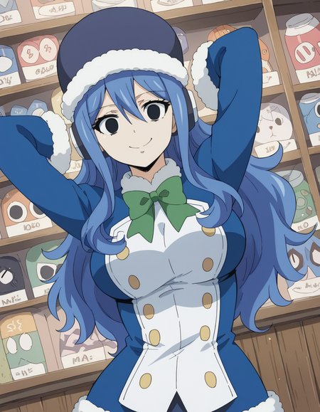 score_9, score_8_up, score_7_up, source_anime, <lora:juvia-lockser-100yq-ponyxl-lora-nochekaiser:1>, juvia lockser, long hair, large breasts, hair between eyes, blue hair, black eyes, empty eyes,, hat, bow, bowtie, coat, fur trim, green bow, blue coat, fur hat, green bowtie, music store, browsing records, headphones, vinyl collection, nostalgic, smile, , hands behind head,, solo,, dutch angle,