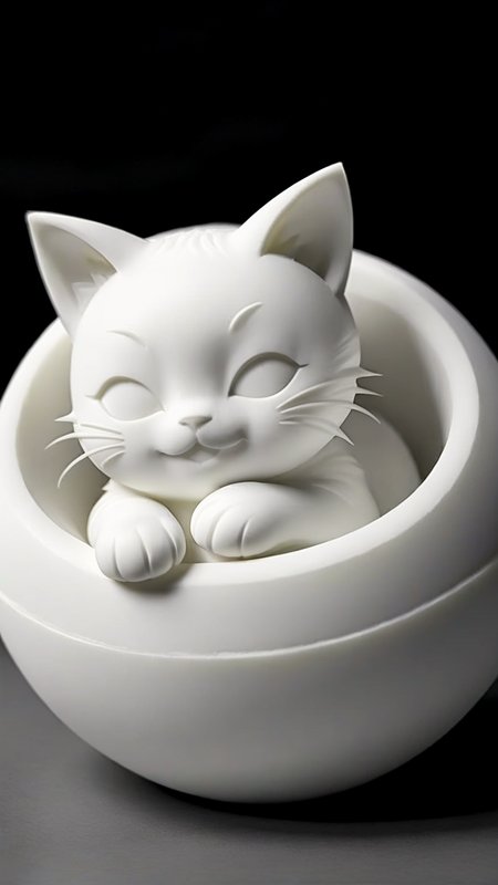 <lora:3DPrintingXL:1>,whitemold,3d printed mold,art style,greyscale,monochrome, Playful kitten curled up in a cozy ball, with oversized ears and a happy face, ideal for a child's toy collection.