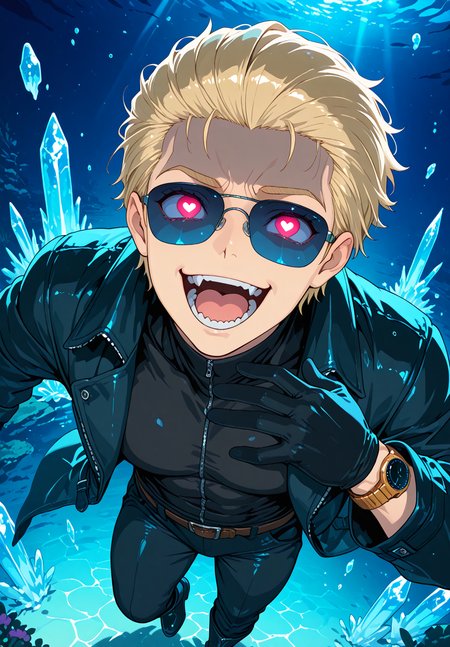 IllusP0s, source_anime, ah1, IllustriousQual, interesting, exciting, spectacular, wonderful, amazing quality, absolutely eye-catching, very awa,  
BREAK <lora:xl_more_art-full_v1:0.2>, <lora:aesthetic_anime_v1s:0.2>,<lora:detailxl:0.2>, detailxl, amazing quality, best aesthetic, absurdres, illustration, Volumetric_Lighting, ultra-detailed, very aesthetic, intricate details, best_quality, lazympos, <lora:Add_Details_v1.2:0.2>, <lora:quality_modifiers_masterpieces_v1:0.2>, <lora:ZootPonyAnime_V1_r2:0.2>, <lora:Bestifacator2:0.2>, anime style,
BREAK (((finding water))), <lora:DynamicPoseIL2att_alpha1.0_rank4_noxattn_900steps:0.8>, dynamic pose,
BREAK Stable_Yogis_PDXL_Positives, AS-Adult, <lora:Complicated fantasy portrait - XL Pony V2.0:0.2>, <lora:HDA_Detailer:0.3>, AS-MidAged, (((move chart))),
BREAK (((<lora:albertwesker-guy-PONYv1:0.8>, albertwesker, 1boy, toned, athletic, fit, mature male))), <lora:shinyskin2:0.2>, glistening skin, <lora:perfection style:0.2>, perfection style, perfection, 
BREAK (((black gloves, watch, belt, black coat, black pants, black turtleneck, zipper, black boots))), ((sunglasses:1.3)), 
BREAK ((slicked back hair, (short hair:1.7), blonde)), <lora:hairdetailpxl:0.2>, hairdetailpxl, 
BREAK ((angular face, sharp_featured face, handsome, charming, alluring)), red eyes, glowing eyes, expressive eyes, perfecteyes, EyesHD, <lora:Eyes_Lora_Pony_Perfect_eyes:0.2>,
BREAK (((crazy eyes, glowing eyes, (uwu), heart-shaped pupils, maniacal grin, laughing, open mouth, smile, yandere))), <lora:Expressive_H:0.2>, Expressiveh, <lora:Emotional_Anime_Expressions_PonyXL_Concept:0.2>, emotional, <lora:Best_Facial_Expression_LoRA_PONY:0.2>, looking at viewer, <lora:Detailed expressive EXEV style -XL Pony V1.0:0.2>, FaceDetail,
BREAK (((a serene Arctic underwater world, with glacial ice, dark, freezing waters, a pristine and isolated marine environment))), <lora:Background Detailer - SDXL:0.2>, 4k, 8k, Ultra HD, Masterpiece, Best quality, Detailed background, foreshortening, extreme perspective, <lora:Add_more_details_V2_XLpony:0.2> full_details, <lora:background-type1:0.2>, <lora:AddMicroDetails_Illustrious_v3:0.2>, addmicrodetails, SmoothNoob_Quality,