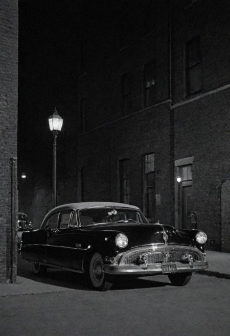 1950s Chicago, street, night exterior, a car parked in front of an alley, captured on a 35mm camera, black and white, classic film.
Car interior, night.