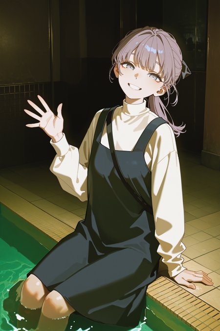 masterpiece, best quality, absurdres, safe
1girl, lapwing, grey hair, grey eyes, ponytail, hair ribbon,
strap, turtleneck, white sleeves, pinafore dress, 
smile, looking at viewer, [head back,::0.3] head tilt,
dark background, poolside, wading, sitting, tile floor,
waving, [green theme, ::0.3]
shadow, photo background, 
yoneyama mai, 
johnkafka,
<lora:lapwing_il_2_d16:1>
<lora:front_lighting_il_2_d16_soft:1>
<lora:wide_shot_il_1_d32:0:hr=1>
