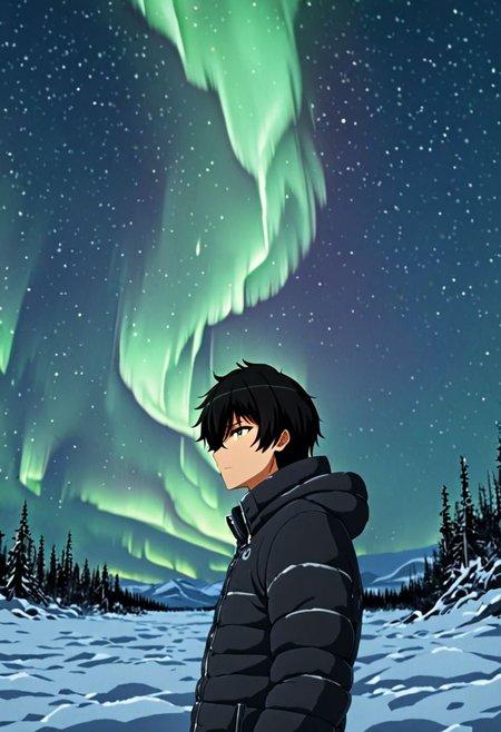 high resolution, solo, best quality, 1Boy, Seiya Kanie, black hair, short hair, thin, winter, Northern Lights, Stargazing, OverallDetail