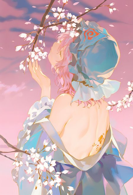 1girl, pink hair, saigyouji yuyuko, solo, hat, blue kimono, blue headwear, mob cap, japanese clothes, kimono, triangular headpiece, off shoulder, long sleeves, bare shoulders, wide sleeves, closed eyes, cherry blossoms, branch, tattoo, upper body, pink background, flower, frills, hand up, looking up, short hair, back, bare back, medium hair, facing up <lora:reiXL_NB11_lokr_V6311P:0.95>
