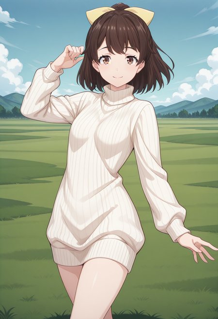 tantei1_akane, brown eyes, brown hair, ponytail, bangs, yellow bow, hair bow, sweater dress, turtleneck, <lora:tantei1_akane_illustrious_ver1:0.8> 
smile,, masterpiece, best quality, sensitive,, 1girl, solo, blue sky, (grasslands:1.2), looking at viewer,, (dynamic pose:1.4),