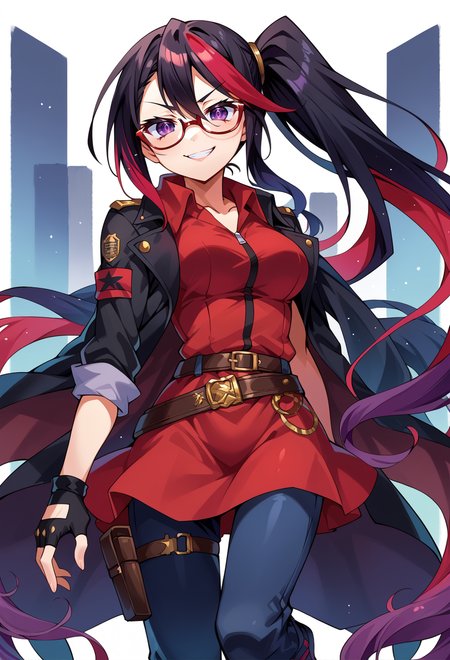 score_9, score_7_up, source_anime, BREAK <lora:kamiya_yuu-Style-PonyXL-GLoRA:0.75>, smug smile, 1girl, purple eyes, red-framed eyewear, black hair, red colored tips, red streaked hair, very long hair, side ponytail, tied hair, medium breasts, red colored tips, jacket on shoulders, red dress, sleeves rolled up, fingerless gloves, holster, belt, multiple belts, combat boots, pants under dress, black coat,
