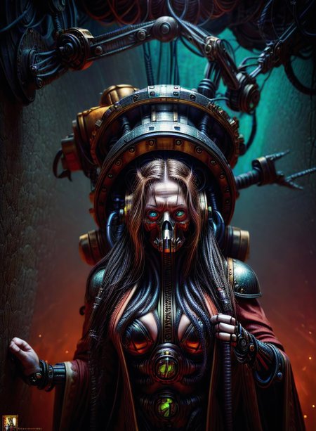 posing for camera,hyperrealistic,absres,8k,wallpaper art,
warhammer 40k,(25 year old woman, alternate hair color absurdly long hair french braid, blue eyes ,sigh) (skull, tube, science fiction, mask, extra arms, hood, robe, glowing eyes, mechanical arms,extra mechanical arms, steampunk, armor)),best quality,<lora:hairdetailer:0.2>,detailed skin,metal reflecting light,techpriest,<lora:techpriest:1.4>,
8k uhd,dslr,harsh lighting,high quality,film grain,Fujifilm XT3,highly detailed background,sharp focus,detailed,extremely detailed,extremely intricate,illuminated by electric sparks:1.2,cinematic lighting,((detailed scenery, intricate scenery, inside spaceship,sparks, cables),,,,,,,,<lora:EnhancedDetail:0.3>,,,,,,,,,,,,,,,<lora:detail_slider_v4:0.5>,,,,,,,,,,,,,,,<lora:add_detail:0.7>,,,,,,,,,,,,,,,<lora:bloodvessel:0.5>,,,,,,,,,,,,,,,<lora:more_details:1>,,,,,,,,,,,,,,,