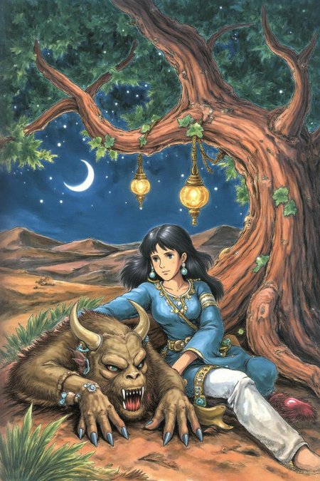 miyaha1 manga illustration 
a scene from Arabian Nights, rendered in intricate, colorful detail. A beautiful woman and a sleeping demon. The woman sits gracefully under a sprawling tree with lush, curving branches and hanging vines. She has striking, almond-shaped eyes, dark flowing hair, and wears elegant traditional attire with ornate jewelry that glimmers softly under the moonlight. Her expression is calm and serene as she gazes thoughtfully into the distance. Resting his head gently on her lap is a large demon with a powerful, otherworldly presence. The demon, though fearsome in size, appears vulnerable as he lies beside her. His skin has a muted, earthy tone, and his features--sharp and beastly--are softened by a look of weary contentment. His claws are retracted, and he exudes a mixture of strength and peace in her presence. The tree's twisted branches arc above them, framing the scene like a natural canopy. Golden lamps hang from the tree, casting warm, soft light, illuminating the two figures in a magical glow. The background is a deep, starry night, with hints of distant desert dunes and a crescent moon overhead, creating an enchanting and mystical ambiance that draws the viewer into this world of fantasy and myth.
  <lora:miyaha1_cap_d6a3e12:1.0><lora:818068648855032454:0>