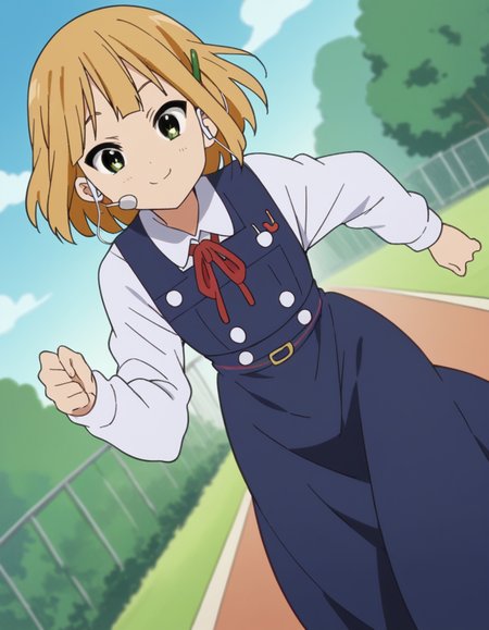 score_9, score_8_up, score_7_up, source_anime, <lora:midori-tokiwa-s1-ponyxl-lora-nochekaiser:1>, midori tokiwa, short hair, blonde hair, hair ornament, green eyes, hairclip,, school uniform, pinafore dress, ribbon, red ribbon, long sleeves, blue dress, buttons, long skirt,, suburban neighborhood, morning jog, earphones, running shoes, fresh air, sunrise, , bent over, smug,, looking at viewer, solo,, dutch angle, cowboy shot