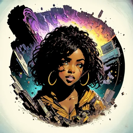 <lora:Black_Women:1> j4da_v2, (masterpiece:1), (best quality:1), high contrast, strong shadows, outlines, <lora:novel:0.2>, <lora:realistic:0.3>, <lora:sharpen-soften:-0.3>, <lora:GoodHands-beta2:0.8>,, BREAK Style-GravityMagic,  solo,  upper body, looking down, detailed background, detailed face, (purple colors,  byzantine theme:1.1), glowing eyes, messenger of the cataclysm, sorrowdul glance, wearing detailed robes, hooded,interdimensional surrounded by  chaos, apocalypse,  the end of civilization, floating particles, eldritch sigils, giant waves crashing, maelstrom, flood, ancient  prophecy fulfilled, ruins in background, distorted echoes, apocalyptic atmosphere, fiery magical lighting,