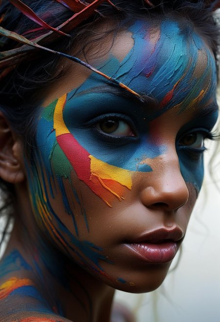 Close-up face, mysterious silhouette of an exotic coloured girl in worn down clothing, colourful war-paint over eyes only, goddess, alluring, by Minjae Lee, Carne Griffiths, Emily Kell, Steve McCurry, Geoffroy Thoorens, Aaron Horkey, Jordan Grimmer, Greg Rutkowski, amazing depth, double exposure, surreal, geometric patterns, intricately detailed, bokeh,  perfect balanced, deep fine borders, artistic photorealism , smooth,  great masterwork by Suiras  <lora:add-detail-xl:2>  <lora:Double_Exposure:0.5>