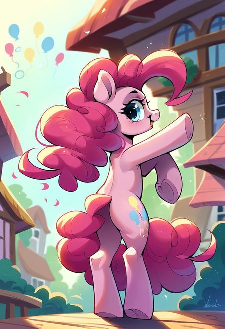 (Pinkie pie, feral, pony), solo ,1female, pinkie pie dancing around, party, house, butt view, score_9, score_8_up, score_7_up, score_6_up, score_5_up, score_4_up