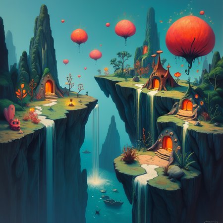 score_9, score_8_up, score_7_up, score_6_up, stencil, whimsical, floating island with a magical waterfall, glowing plants, and enchanted creatures, highly detailed <lora:ponys-dream:.9>