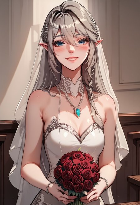 score_9, score_8_up, score_7_up, <lora:Tessiah_Eralith:1> tessia eralith, floating neon hearts, wedding dress, bouquet of red roses, (blushing), smile, looking at viewer