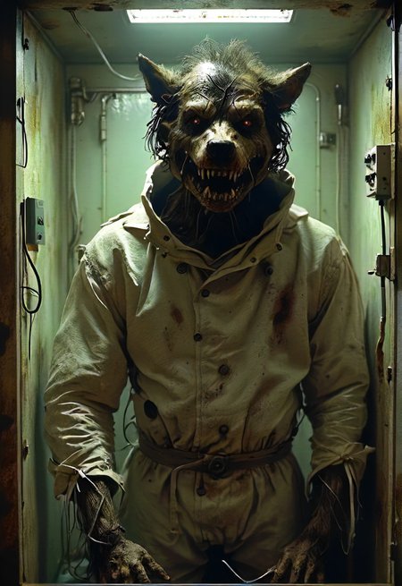 an asylum for straitjacket creatures, werewolf bound inside a machine, experimentation, sideways, night, eerie, atmospheric, unsettling, detailed, <lora:- SDXL - AI-Breaker_V3.5:0.8>, <lora:- SDXL - dfao_style_v1.0:0.8>