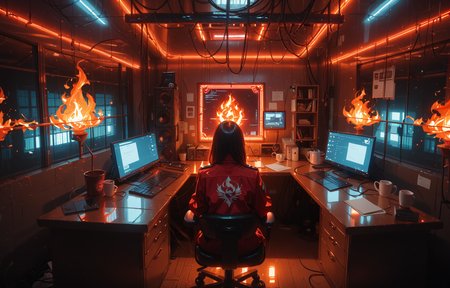 score_9, score_8_up, score_7_up, source_anime, wide angle room view, (dramatic Lighting, cinematic, neon lighting), large server room on fire, data center, computer on fire, red warning screen, flames,  1girl in jumpsuit sitting at a desk sipping coffee trying not to panic,  <lora:add-detail-xl:1> <lora:Niji-Mj_Almost_Realism:1> njmjzkz