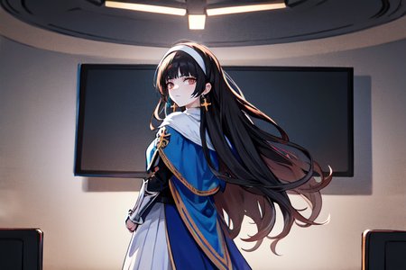highly insanely detailed, masterpiece, top quality, best quality, highres, 4k, 8k, RAW photo, (very aesthetic, beautiful and aesthetic),  
beth_\(megami_tensei\),bethsmtii,shin megami tensei ii,long hair,black hair,straight hair,sleek black,jewelry,cross,headband,red_lipstick,white cape,cape_with_messian_symbol,Religious_cape,messian_symbol_cape,holy_knight_cape,Blue_dress,armored_corset,blue shirt,messian_cross_earrings,cross_earrings,religious_earrings,messian_symbol_jewelry,Tokyo_Millennium,post-apocalyptic_city,dystopian_world,Millennium_News_Network,City_news,propaganda_broadcasts,information_contro,Order_of_Messiah,Religious_order,messianic_cult,divine_rulers,Great_Cataclysm,World_ending_event,apocalyptic_disaster,city_rebirt, 
<lora:zs_Beth:0>, 
(1girl:1.3), 1other, 
news anchor in front of big screen,facing viewer,back screen is big which is from the floor to ceiling and left to right,âââ