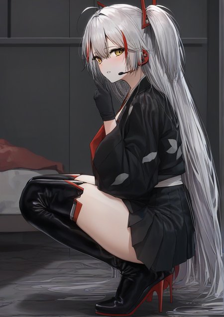 1girl, prinz eugen (azur lane), prinz eugen (final lap) (azur lane), by kodoto, antenna hair, back, black footwear, black gloves, black jacket, black skirt, black thighhighs, boots, cropped jacket, eyelashes, from side, full body, gloves, hair spread out, headgear, headset, high heel boots, high heels, jacket, japanese clothes, kimono, long hair, looking at viewer, looking to the side, miniskirt, multicolored hair, official alternate costume, parted lips, race queen, red hair, skirt, solo, squatting, streaked hair, thigh boots, thighhighs, thighs, two side up, very long hair, white hair, yellow eyes, <lora:Poharo:1>