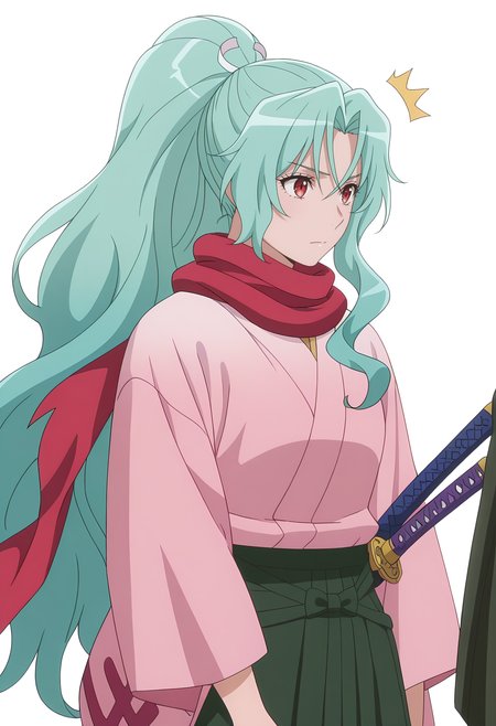 Smooth Quality,masterpiece, ultra realistic,
simple background, white background, 
front view,^^^,wind, 
 <lora:Tomoecnn:0.8> sofia/cnn, 1girl, long hair, scarf, ponytail, red eyes, japanese clothes, katana, green hair, very long hair,