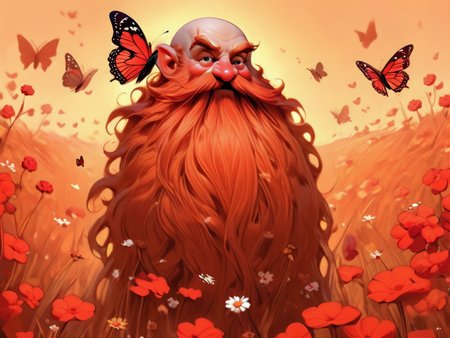 Harry_Dwarf,  <lora:Harry_Dwarf:1>, field background, red long beard, butterflies, flowers, sunny day
