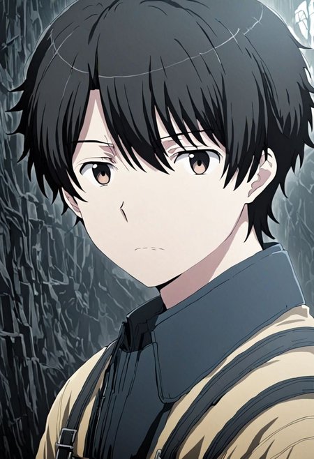 high resolution, solo, best quality, 1Boy, Inaho Kaizuka, Black Hair, portrait, looking at viewer, focused gaze forward, upper body, head upright, neutral expresion, OverallDetail