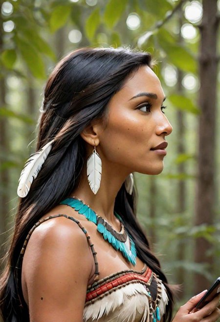 Ultra Realistic, side view,  portrait,  Pocahontas, scrolling on mobile phone