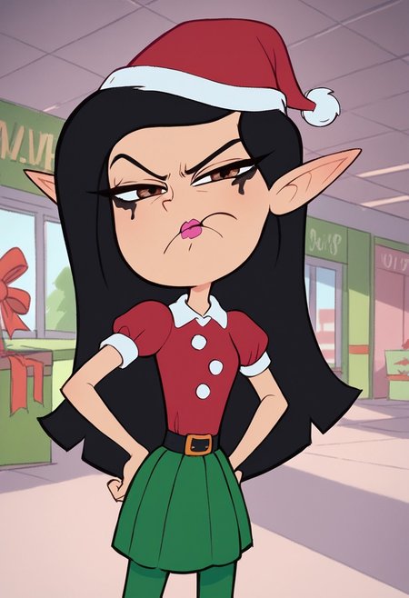 score_8_up, score_7_up, 1girl, solo, cute, upper body, standing, hand on hip, cute squint, frown, half-closed eyes, mouth closed, grumpy, looking at viewer, Brittney_W, Chinese-American girl, light skin, waist-length, black hair, brown eyes, pink lipstick, black mascara, christmas elf outfit, red hat, fake elf ears, short skirt, green leggings, working in mall, crowded mall, christmas season,