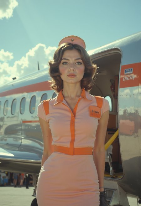 cinematic film still (full body shot:1.25) of young woman, d14m0nd, dressed in the iconic attire of a 1960s airline stewardess, (exiting the door:1.25) of a boing 707 aircraft from the same era. The scene is set against a backdrop of a sunny day at an airport, with the bright blue sky and fluffy white clouds providing a perfect contrast to the sleek, silver airplane.
d14m0nd hair is styled in a neat bob, with subtle waves that frame her heart-shaped face. Her bright red lips are painted into a perfect pout, accentuating her cheekbones and adding a touch of glamour to her overall look. Her eyes, a deep shade of brown, seem to sparkle with excitement as she steps out onto the tarmac.
Her uniform is a crisp, a retro 1960s flight attendant uniform. The uniform consists of a short-sleeved, form-fitting pink dress with orange accents, including a prominent orange stripe running down the front and orange trim around the collar and sleeves. She wears a matching orange pillbox hat with a slight tilt. Her outfit is complemented by beige tights and orange, chunky-heeled shoes, giving her an air of professionalism and poise.
As she walks out of the (boing 707 airplane:1.25), the sunlight catches her hair, making it shine with a warm, golden light. The camera captures this moment perfectly, using a shallow depth of field to blur the background and focus attention on the woman's face and figure. The lens is set to 50mm, providing a wide angle that takes in the entire scene without distorting any of its elements.
The image is shot in a neutral color palette, with the bright blue sky and white clouds providing a subtle contrast to the silver airplane and the woman's uniform. The overall mood of the image is one of serenity and contentment, as if the woman has just finished a long flight and is feeling relieved and happy to be back on solid ground.
In terms of technical qualities, the image should have a high level of detail and realism. The textures of the airplane and the woman's uniform should be rendered in exquisite detail, with subtle nuances that give the image a sense of depth and dimensionality. The lighting should be soft and natural, with no harsh shadows or artificial highlights.
To emphasize these qualities, I would like to add a quality-boosting suffix that emphasizes photorealistic details, high resolution, and professional photography aspects. . shallow depth of field, vignette, highly detailed, high budget, bokeh, cinemascope, moody, epic, gorgeous, film grain, grainy