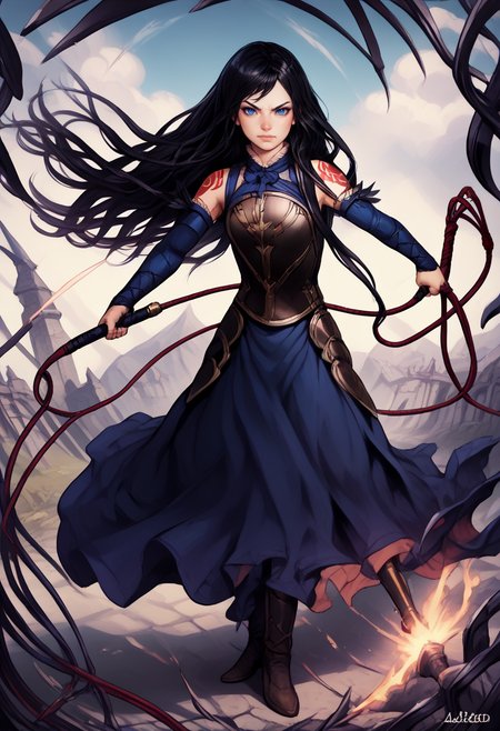 score_9, score_8_up, score_7_up, BREAK, score_9,  <lora:pony_good_hands:1>, <lora:whip:0.5>, <lora:shanoa:1> shanoa, long hair, black hair, blue eyes, tattoo, calm face, cute face, calm look, young,  good_hands, fighting stance, whip, whipping, full body, absurdres,