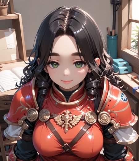 PonyScores7, source_anime, ah1, BREAK 1girl, (curly hair), long hair, (black hair:1.3), mature female, (parted hair:1.7), (round face:1.2), (fringe:-0.5), (bangs:-0.5), (hair between eyes:-0.5),  (thick eyebrows), (curvy), round-chin, (greenish hazel eyes), caucasian, (downturned eyes:1.2), (plump face), <lora:ETO_OCPonyXL:0.5> eto_oc, skindentation, (plump), thick thighs, wide hips, busty, voluptuous, kinky curls, lips, <lora:venus body PonyXL:0.4>,  (sleepy, drooping eyelids, half-closed eyesgently, smile, shy), (coming to life), (Workshop of Creation), looking at viewer,   <lora:edgArmoredPony:0.8> (lincoln green War_Glam, all purpose warrior armor), BREAK <lora:xl_more_art-full_v1:0.2>, <lora:shinyskin2:0.2> glistening skin, <lora:aesthetic_anime_v1s:0.2>, <lora:Expressive_H:0.2> Expressiveh, <lora:hairdetailpxl:0.2> hairdetailpxl, <lora:EpicF4nta5yXL:0.2>, <lora:detailxl:0.2> detailxl, <lora:Fant5yP0ny:0.2>, best quality, amazing quality, best aesthetic, absurdres, <lora:expressive eyes:0.2> expressive eyes, <lora:eyedetailpxl:0.2> eyedetailpxl, illustration, Volumetric_Lighting, ultra-detailed, very aesthetic, intricate details, 8k, masterpiece, best_quality, BREAK (Aerial View extreme distance shot), BREAK <lora:Eyes_High_Definition:0.3> EyesHD, Stable_Yogis_PDXL_Positives, AS-Adult, <lora:Complicated fantasy portrait - XL Pony V2.0:0.4>, bad-hands-5,