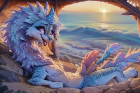 ((full shot)), zoomed out, award winning photography, wildlife photography, high angle, balanced colors, hdr,
sisu, cute-fine-face, (furry chest), (detailed and extremely fluffy body fur), furry crotch,
(shiny fur), highly detailed face, ((glossy eyes)), 
cute, young, blushing, (glossy fur), (iridescent fur), fluffy mane, short neck,
laying on back, spread legs, half open eyes, open mouth, happy,  fangs, 
uploaded on e621, by ulitochka, by castitas, by dagasi,
iridescent gold, golden necklace, golden anklets, golden bracelets,
<lora:urbosa:0.2>,
<lora:sisu:0.6>, dragon, furred dragon, purple eyes, mane, (short tail), long body, horn,
<lora:dragon:0.4>,
at the beach, sunshine, volumetric lighting,
(ambient light on the body), Ray tracing,
cinematic composition, concept art, highly detailed, 
((masterpiece)), best quality, realistic, intricate, (high detail:1.2), 
film photography, sharp focus,dragon, bad_prompt_version2, aid291, boring_e621_v4, sisu