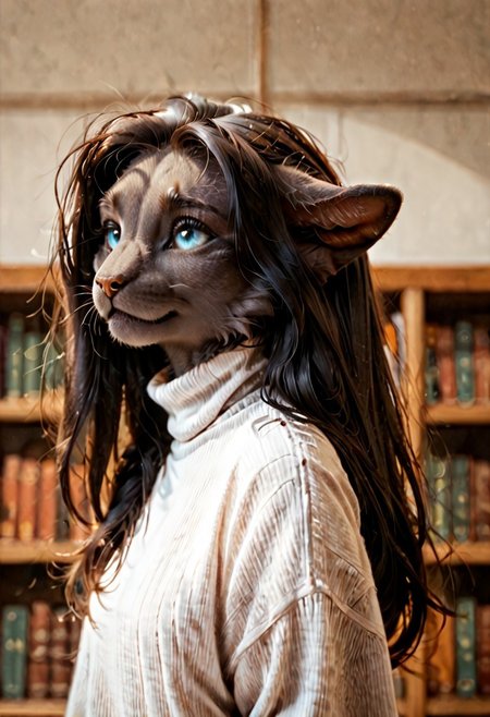 score_9, score_8_up, score_7_up, anthro female cat, ears folded back, Dropped ears, blue eyes, pupils, black long hair, black pony,  furry, fluffy gray fur, cat tail, library,turtleneck, furry hands, shy smile, sideview.