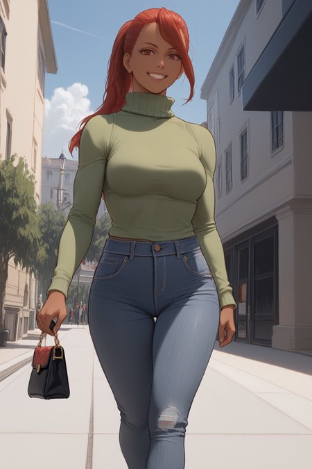 score_9, score_8_up, score_7_up, masterpiece, high quality extreme detail, absurdres, (detailed skin texture), BREAK
 <lora:IraidaPonyLora:1>iraida, tanned, tan, muscular, long hair, ponytail, green pullover, high collar, jeans, holding handbag, walking on a streetm smile, from below