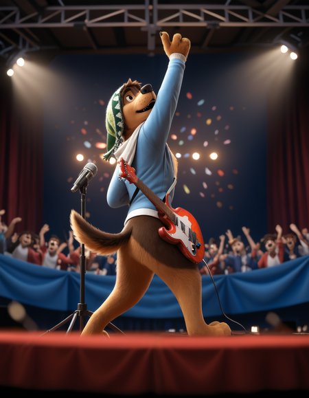 score_9, score_8_up, score_7_up, BREAK (anthro, furry:1.1), depth of field, cinematic lighting, masterpiece, detailed hands, detailed face, best quality, ultra realistic, 4k, 2k, film photography, RAW photo, photorealistic, analog style, subsurface scattering, photorealism, embedding:unaestheticXL_bp5, embedding:zPDXL,(best quality, high quality, 8K:1.5), <lora:add-detail-xl:2.5>, <lora:fix_hands.safetensors:2.0>, <lora:2.5DRealisticV2.safetensors:0.2>, <lora:sinfully_stylish_SDXL.safetensors:0.6>,  <lora:AdvancedEnhancerXLv2.safetensors:1.0>, (hi res), ((masterpiece)), ((best quality)), illustration, anthro, furry, (hi res), ((masterpiece)), ((best quality)), illustration, anthro, furry, <lora:Bodi_Rock_Dog.safetensors:0.8>, bodi, rock dog, teeth, blurry background, furry, spotlight, pectorals, hoodie, blurry, bandana, open shirt, dog instrument, microphone, furry, dog_tail, guitar, microphone_stand, concert