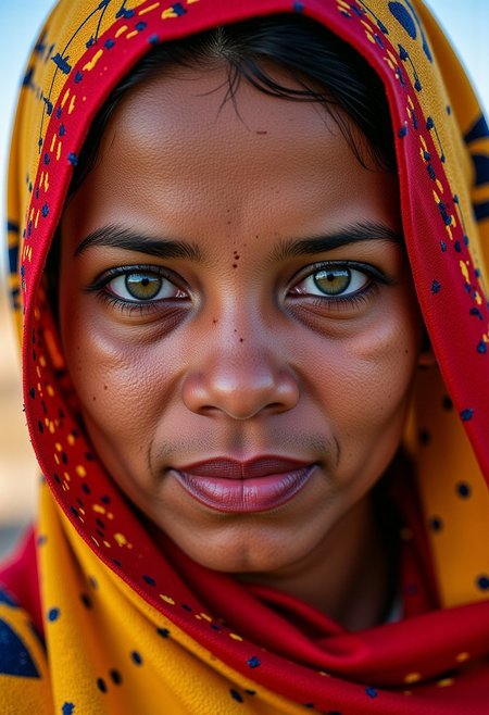 A breathtaking work of fine art photography, inspired by the iconic style of Steve McCurry, portrays a powerful portrait of a young Somali woman with striking green eyes. This cultural snapshot captures the essence and humanity of its subject through emotive imagery that transcends mere documentation. Rich colors burst from every corner of the frame, as if harkening to the vivid textiles and warm tones typical of the region's culture. The image was captured on analog film, imbuing it with a natural grain reminiscent of Kodachrome film stock. Intricate details abound in this masterpiece a from the delicate patterns adorning the woman's traditional headdress to the subtle wrinkles around her eyes that speak volumes about her life and experiences. The image is insanely detailed, yet maintains an organic feel through its use of natural lighting and expert compositional techniques, evoking a sense of intimacy and connection with the subject. This award-winning photography showcases the power of film as a medium for capturing not just images, but moments steeped in emotion and human storytelling.