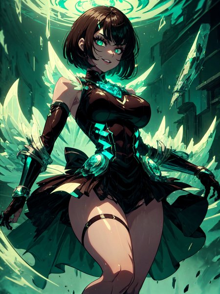 <lora:add_detail:0.25>, (1girl, solo, adult female, mature female), <lora:concept_goodHands:1>, <lora:detailed_eyes:1>, dark brown hair, choppy bob haircut, teal eyes,
<lora:style_uraniumTech_(uraniumtech--radiation--scifi--nuclear--transparent):0.95>, uraniumtech, 
[muscular, biceps], abs, leg muscles, thigh muscles, 
uraniumtech magical girl, magical girl pose, smile, parted lips, glowing green eyeliner,