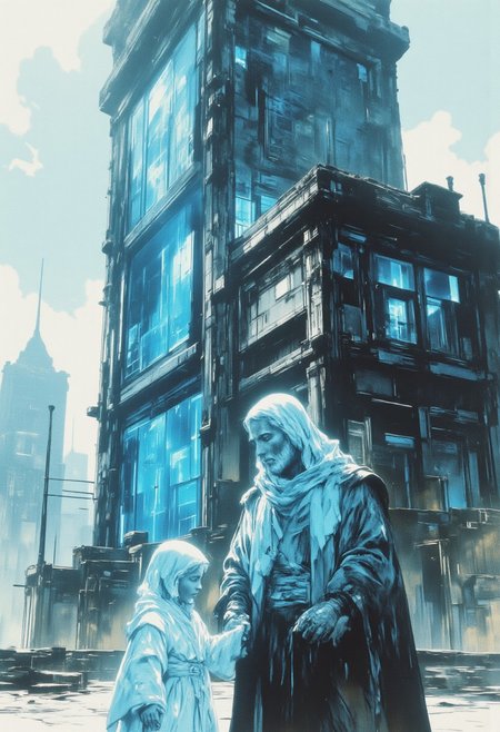 OBxiaoxiang, inksketch ,portrait ,hologram model, long dress, dystopian atmosphere, hazy fog, hologram  taller than the small building and next to it, looking down at a small figure in robe