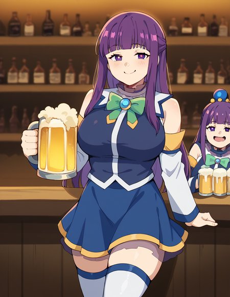 score_9, score_8_up, score_7_up, source_anime, <lora:fern-s1-ponyxl-lora-nochekaiser:1>, fern, long hair, bangs, purple eyes, purple hair, sidelocks, blunt bangs, bright pupils, half updo, large breasts, <lora:aqua-cosplay-ponyxl-lora-nochekaiser:1>, aqua cosplay, aqua (konosuba) (cosplay), skirt, shirt, thighhighs, bare shoulders, detached sleeves, white thighhighs, blue skirt, blue shirt, green bow,, bar, beer, beer mug, thumbs up, smile, smug, holding beer mug,,