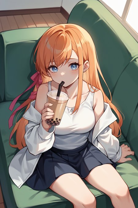 score_9, score_8_up, score_7_up, score_6_up, source_anime, BREAK 1girl  <lora:ryne-pdxl-nvwls-v1:1> ryne, orange hair, blue eyes, hair ribbon, bubble tea, drinking, white tank top, skirt, couch, sitting, looking at you,