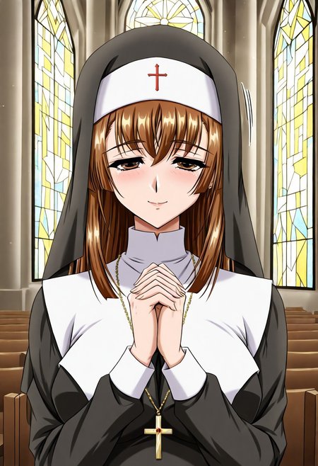 masterpiece, best quality, newest, highres, uncensored, 1girl, yokota mamoru style,motion lines,1girl,Katakura Eimi,Brown Hair, Long Hair, Sidehair, Spiky Bangs, Straight Hair,Brown Eyes, Tareme Eyes, church, Cross Necklace,GuimpeStained glass,holylight,,seductive smile,nun,praying,torogao
